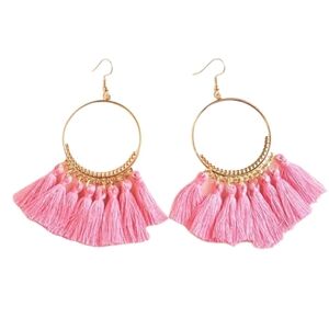 Boho Long Tassel‎ Dangle Fringe Drop Earrings Jewelry Baby Pink and Gold
